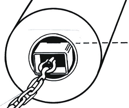 Diagram — Roll Puller inserted into cardboard core with chain attached to the forged ring