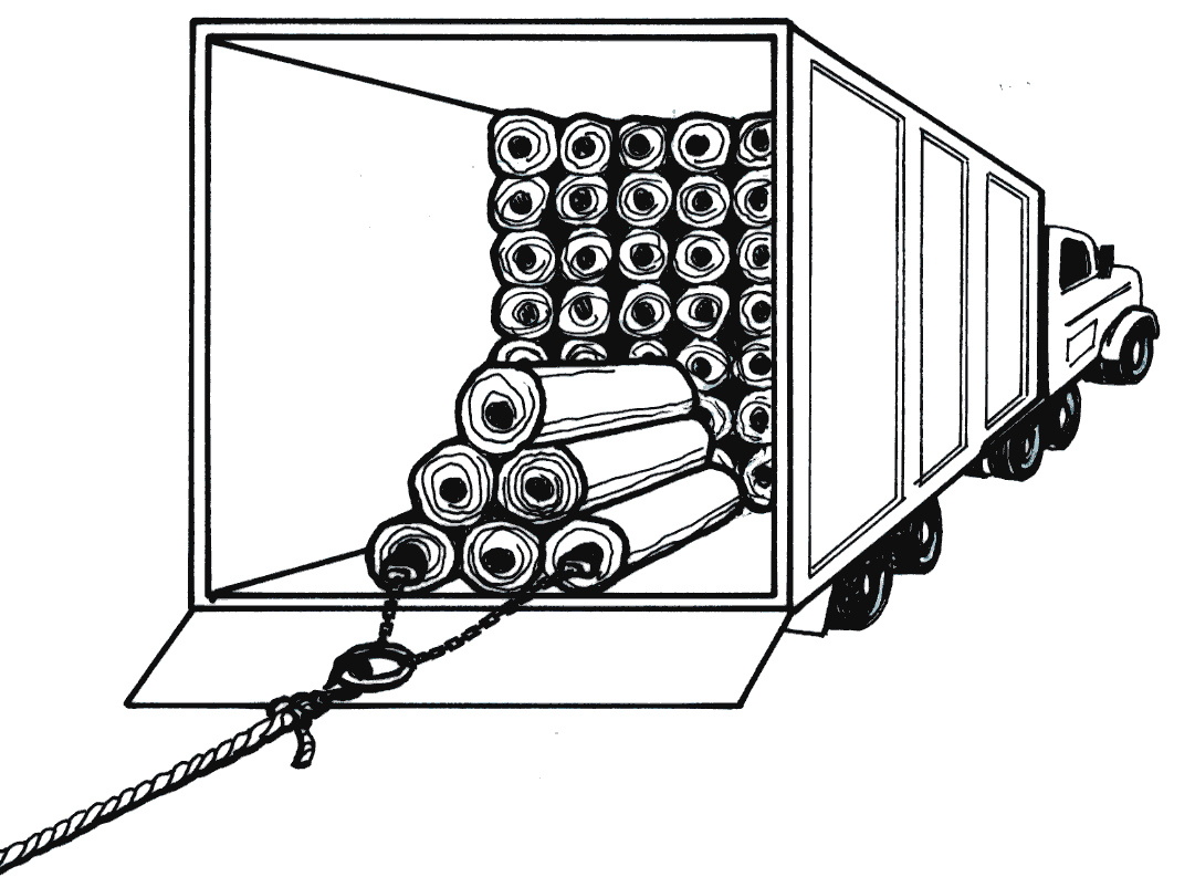 Trailer packed floor-to-ceiling with geosynthetic rolls being pulled out by Roll Puller and chain