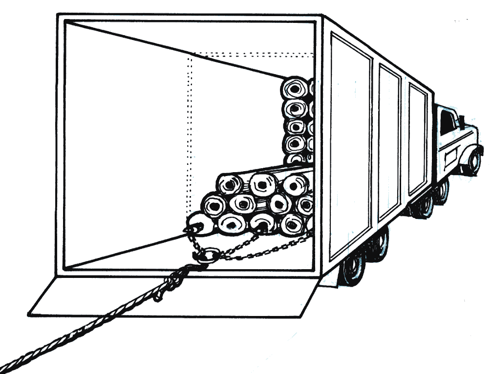 Trailer partially unloaded — remaining rolls stacked at the front, empty space at the back